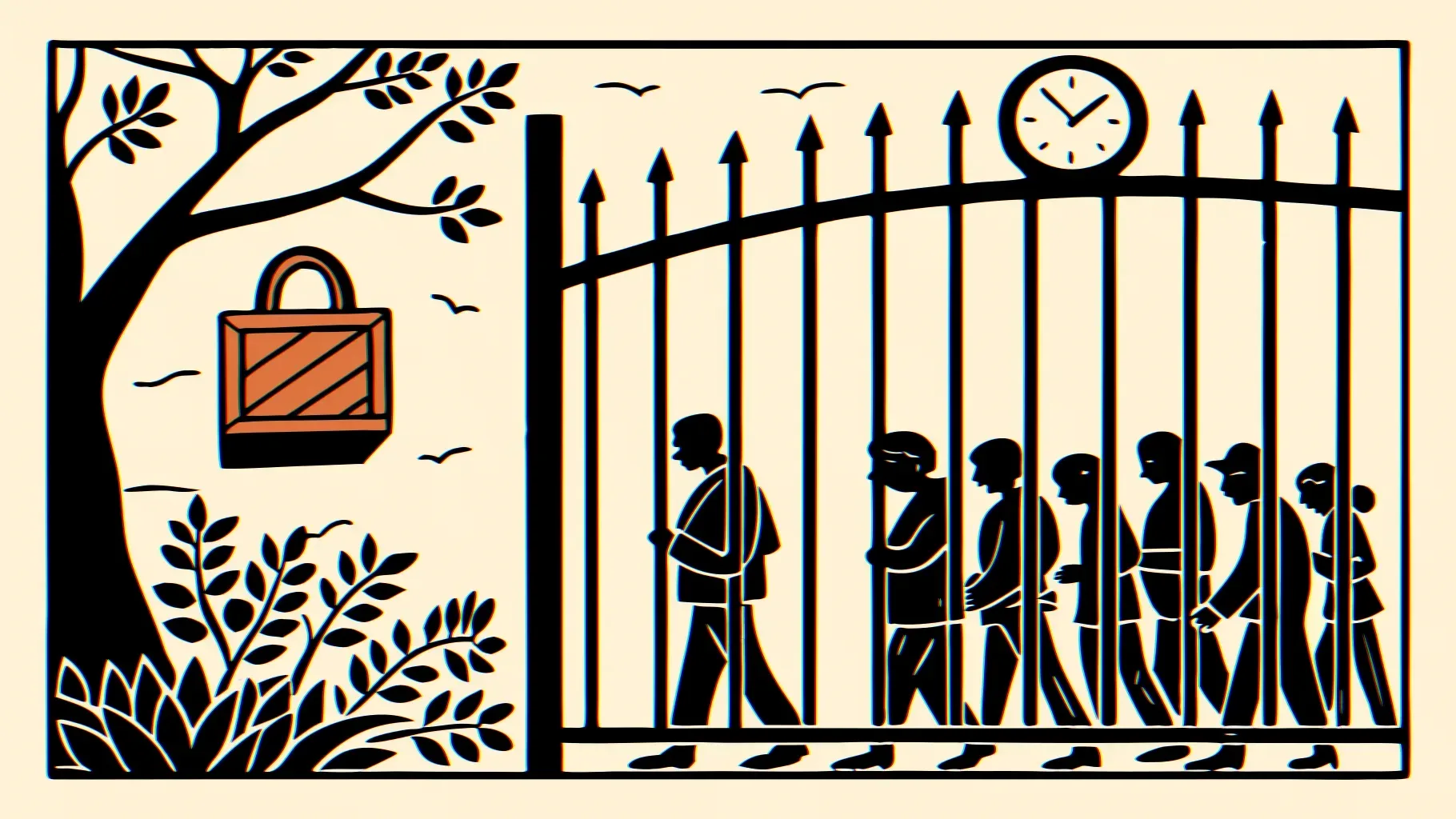 Illustration: Ein verschlossenes Gartentor mit schwerem Vorhängeschloss, davor eine lange Schlange gezeichneter Figuren mit leeren Blumentöpfen, eine runde Wanduhr am Himmel.