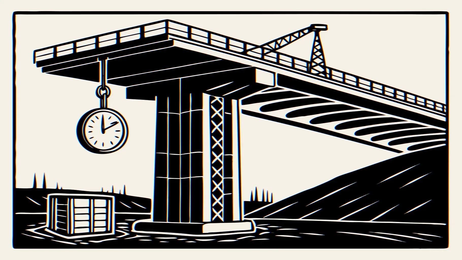 Illustration: Ein gerissener Betonpfeiler ohne Überbau auf einem Stapel aus Formularen und Aktenordnern, ein Baukran mit abgelaufener Sanduhr, Gleise enden im Nichts.