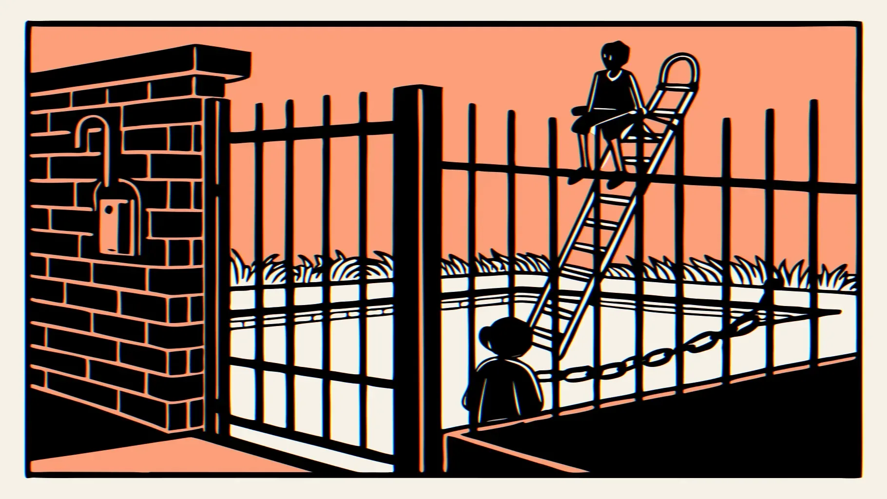 Illustration: ein Freibad hinter einem verschlossenen Zaun, eine Leiter lehnt am Zaun, ein Kind schaut von außen auf das leere Becken, Vorhängeschloss und Kette am Tor.