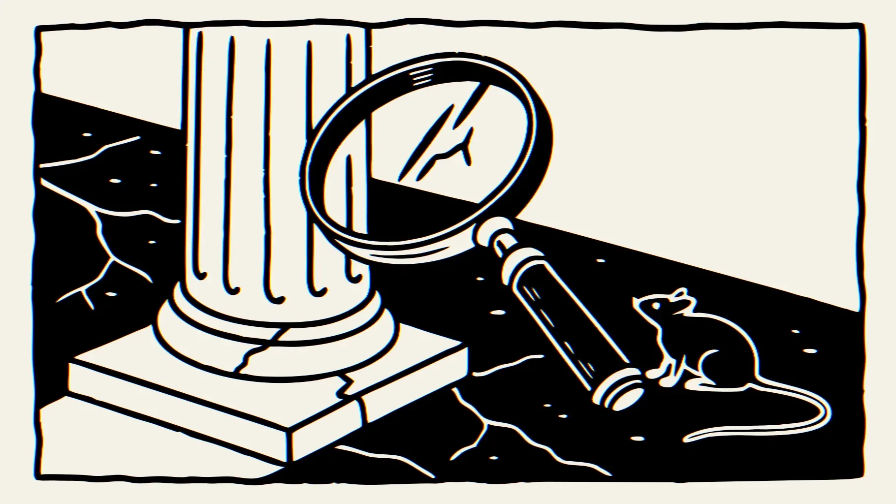Illustration: eine große Lupe über einer kleinen weißen Säule mit einem Riss im Fundament, daneben eine deutlich größere intakte Säule. Die zweite Säule der Altersvorsorge verliert leise an Substanz, die erste bleibt stehen.
