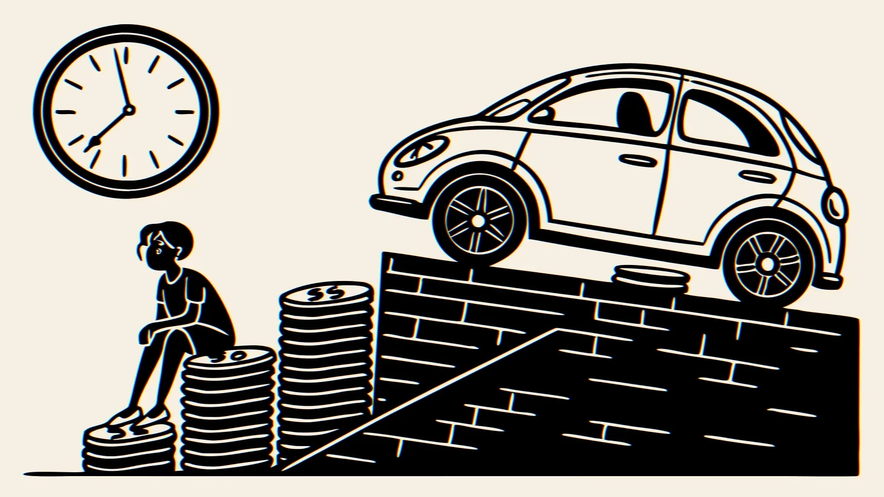 Illustration: ein einfaches handgezeichnetes Auto auf einem steilen Berg aus Aktenordnern und Münzen, eine junge Figur blickt von unten mit einem Lenkrad in der Hand nach oben, eine runde Uhr am warmen Cremepapier-Himmel.