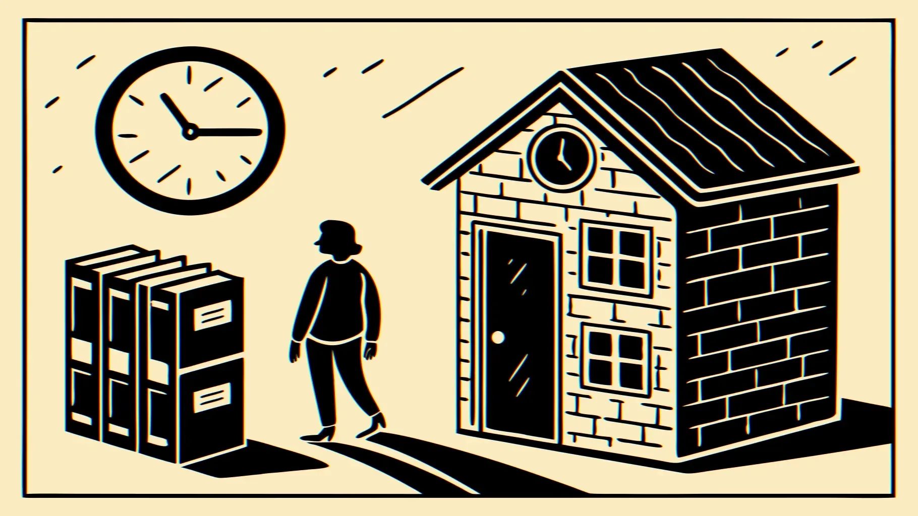 Illustration: ein kleines handgezeichnetes Haus unter einem schweren runden Siegelstempel und dicken Aktenordnern, eine gezeichnete Figur steht vor einem hohen Aktenschrank, eine runde Uhr am warmen Cremepapier-Himmel.