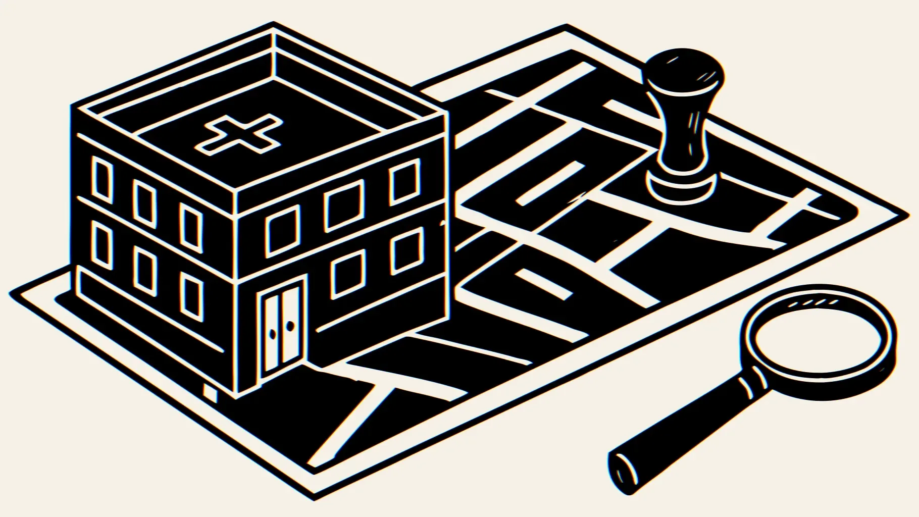Illustration: eine flache Landkreiskarte aus gezeichneten Blöcken, ein kleines Krankenhaus in Backsteinrot mit blauem Kreuz auf dem Dach, ein Gebäudeflügel löst sich vom Hauptbau und kippt leicht weg, eine große Lupe mit Aprikosenrahmen liegt über der Karte, ein leeres Bett auf Rollen, ein Stempel. Die Reform wird im Landkreis entschieden, nicht im Bundestag.