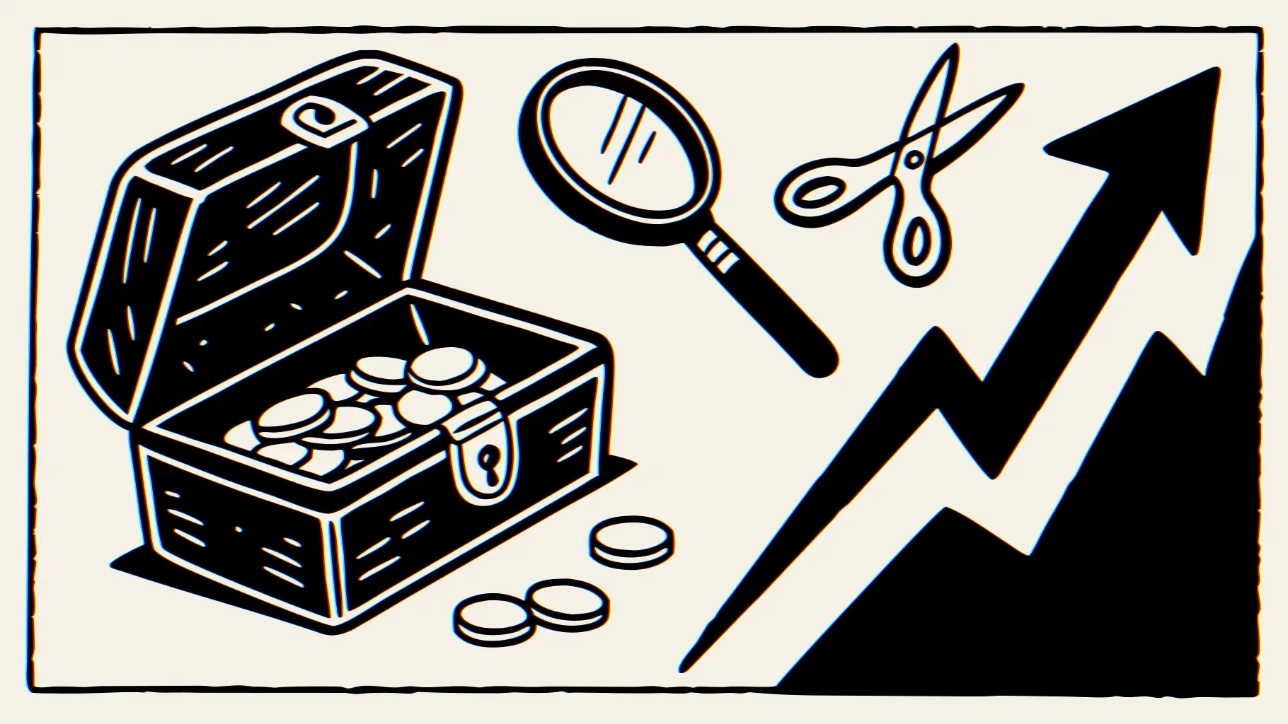 Illustration: eine offene Kasse auf einem Tisch, aus der Münzen quellen, daneben eine Schere, deren Klingen wie eine aufgehende Schere auseinanderdriften, und eine steigende Kurve auf Papier, die sich von einer gepunkteten Linie wegbiegt. Eine Lupe schwebt über der Stelle, an der sich die Linien trennen. Das Plus ist der Beweis, dass die Prognose nicht mehr stimmt.