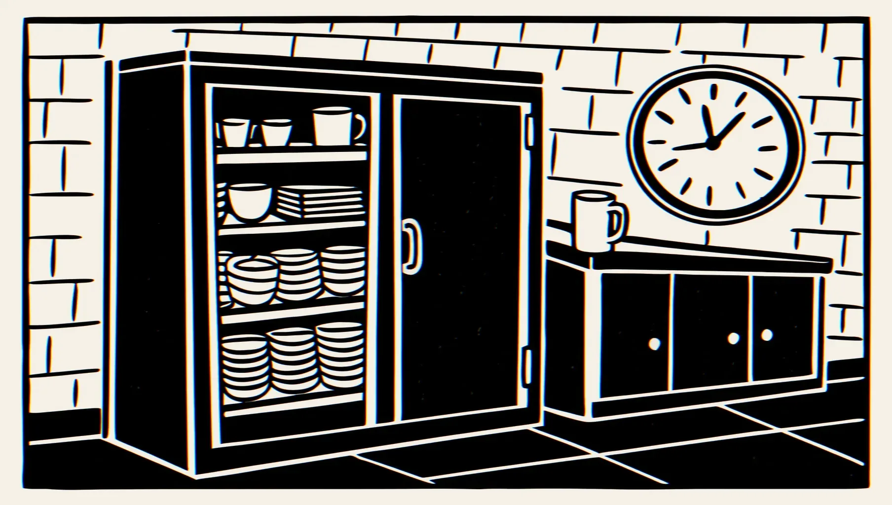 Illustration: Ein Küchentresen mit gestapelten ungenutzten Mehrwegschalen und To-go-Bechern, eine einsame Kaffeetasse im Zentrum, eine Wanduhr am warmen Cremepapier-Himmel.
