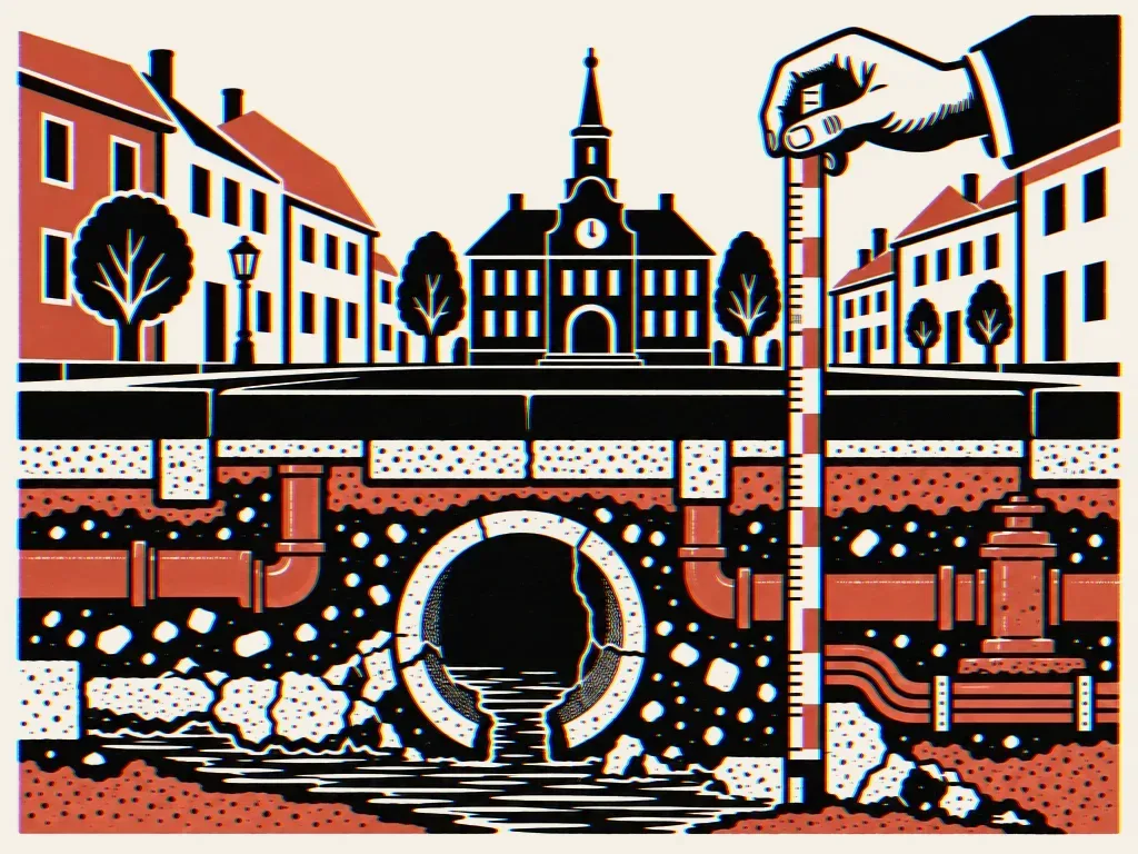 Illustration: Ein schematischer Querschnitt durch eine Straße, unter dem Pflaster verzweigen sich dunkle Rohrleitungen und geborstene Kanäle, eine Hand hält einen Messschieber, im Hintergrund die Silhouette eines Rathauses auf warmem Cremepapier.