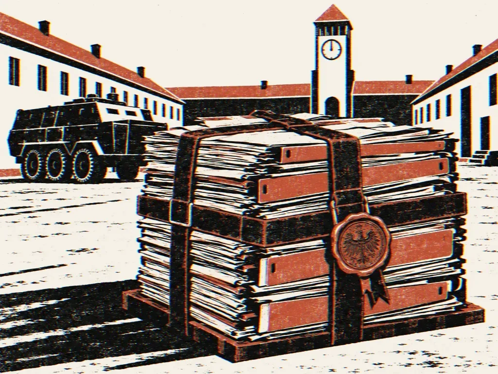 Illustration: Ein gigantisches, mit schweren Riemen verschnürtes Aktenbündel auf einem verlassenen Kasernenhof, im Hintergrund die scherenschnittartige Silhouette eines Panzerfahrzeugs und eines Uhrenturms in kräftigem Tuscheschwarz und Ziegelrot auf warmem Cremepapier.