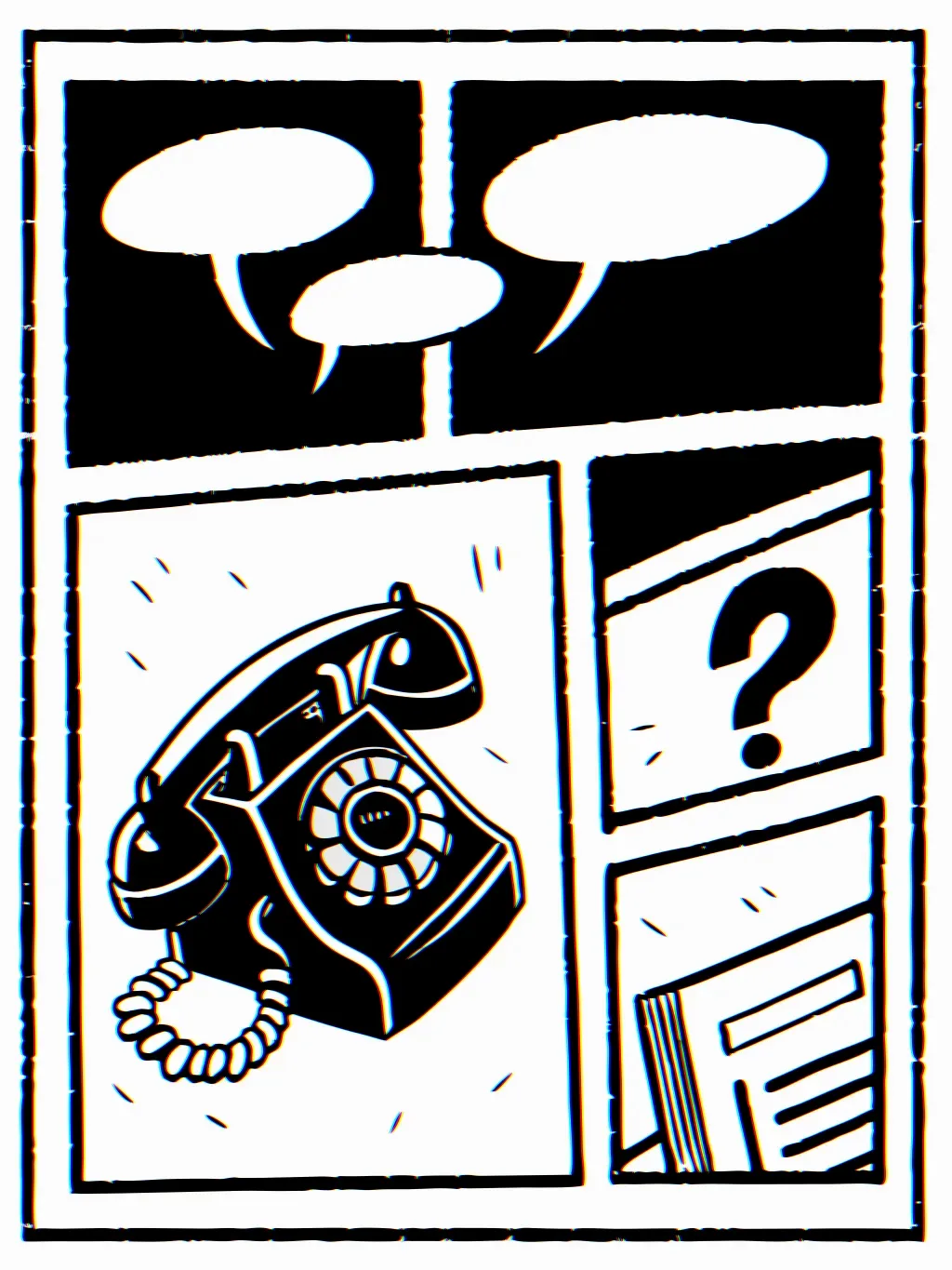 Illustration: eine Titelseite aus leeren Papier-Rechtecken, eine Hand hält ein Telefon, leere Sprechblasen schweben heraus, ein kleines Fragezeichen, ein winziger Drucker, ein Stempel.