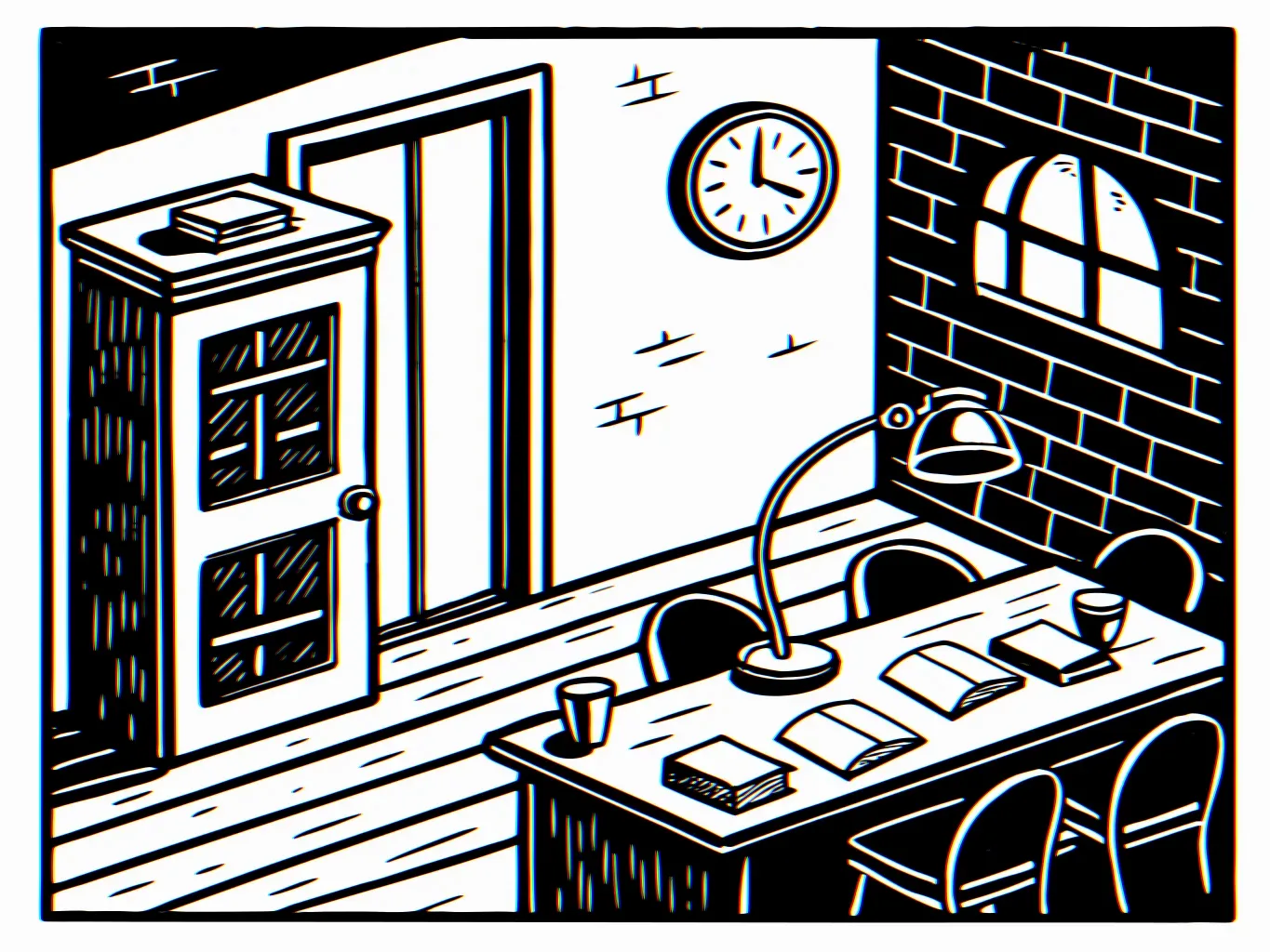 Handgezeichnete Illustration: ein langer Tisch mit leeren Stühlen, ein Pult, eine Lampe. Der Raum wartet auf ein Gespräch.